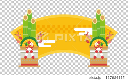 New Year's background material with illustrations of Kadomatsu, Japanese-style clouds, and a yellow fan-shaped frame 117684115