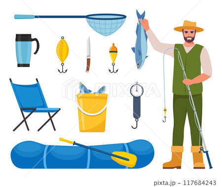Fisherman and Equipment for fishing. Fishing rod, float, inflatable rubber boat, landing net, fishers clothes, hook, fish, hat, flashlight, boots. Outdoor activity, recreation, hobby. Vector. 117684243