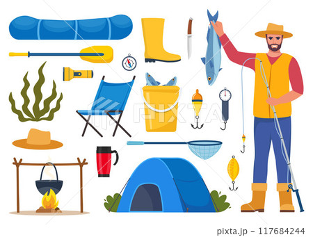 Fisherman and Equipment for fishing. Fishing rod, float, inflatable rubber boat, landing net, fishers clothes, hook, fish, hat, flashlight, boots. Outdoor activity, recreation, hobby. Vector. Fisherman and Equipment for fishing. Fishing rod, float, inflatable rubber boat, landing net, fishers clothes, hook, fish, hat, flashlight, boots. Outdoor activity, recreation, hobby. Vector. 117684244