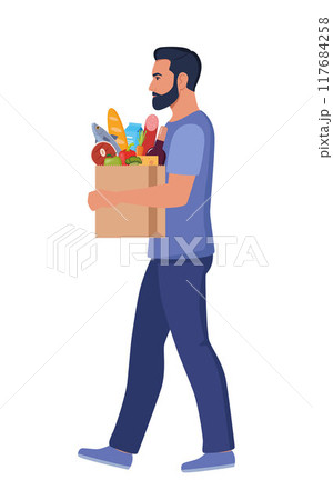 Man going with paper bag of groceries. Guy buying food, vegetables, bread. Grocery shopping. Vector illustration. 117684258