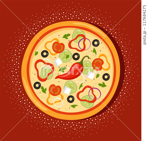 Fresh round pizza with tomato, cheese, olive, pepper, onion, basil. Traditional Italian fast food. Top view meal. Vector illustration. Fresh round pizza with tomato, cheese, olive, pepper, onion, basil. Traditional Italian fast food. Top view meal. Vector illustration. 117684275