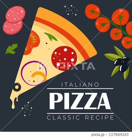 Pizza Flyer Design Template. Cooking, cafe and restaurant menu, food ordering, junk food. Vector illustration for banner, poster, flyer, cover, menu, brochure. Pizza Flyer Design Template. Cooking, cafe and restaurant menu, food ordering, junk food. Vector illustration for banner, poster, flyer, cover, menu, brochure. 117684283