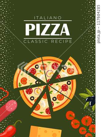 Pizza Flyer Design Template. Cooking, cafe and restaurant menu, food ordering, junk food. Vector illustration for banner, poster, flyer, cover, menu, brochure. 117684285