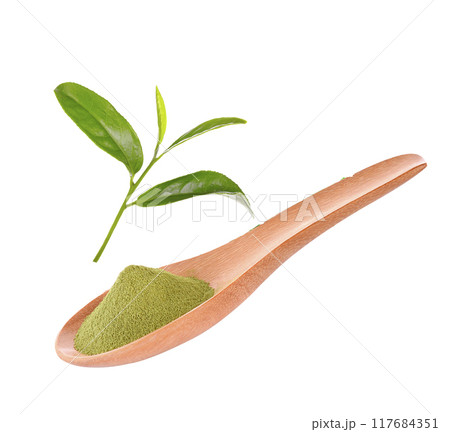 greentea powder. greentea powder on wood spoon  and green tea leaves  on  white. 117684351