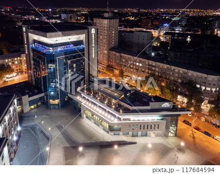 Aerial Freedom Square in night Kharkiv city center 117684594