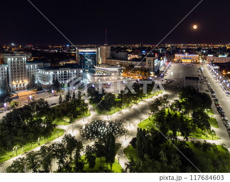 Aerial Freedom Square in night Kharkiv city 117684603