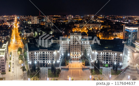 Aerial Freedom Square in night Kharkiv city center 117684637