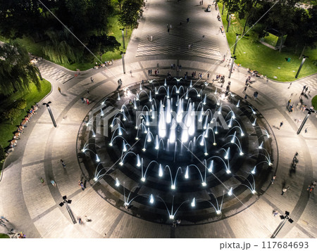 Look down on fountain aerial in night illumination Look down on fountain aerial in night illumination 117684693