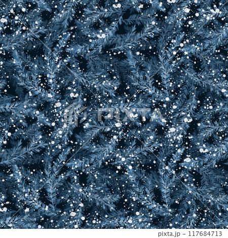 Watercolor seamless pattern with fir tree branches. Blue Christmas background Watercolor seamless pattern with fir tree branches. Blue Christmas background 117684713