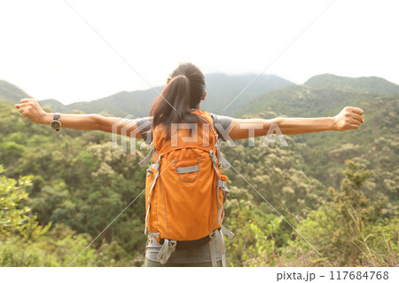 Cheering happy woman enjoying the view on morning mountain top 117684768