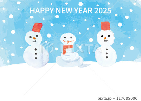 水彩のヘビの雪だるま年賀状2025年 水彩のヘビの雪だるま年賀状2025年 117685000