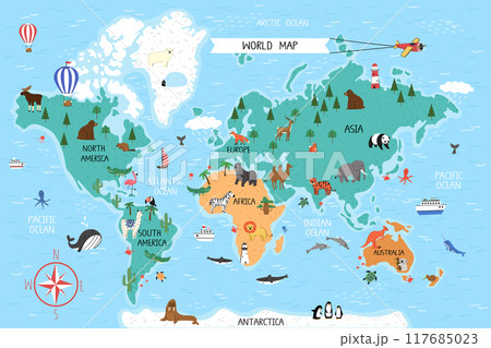 Fun world map with continents, animals, ships, hot air balloons and airplane. 117685023