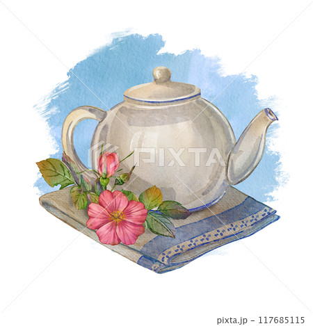 Watercolor illustration of a ceramic teapot with a pink flower, rosehip, and green leaves on a folded napkin with a blue background. Perfect for tea-themed designs, kitchen decor, and botanical 117685115
