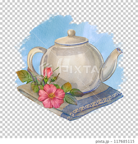 Watercolor illustration of a ceramic teapot with a pink flower, rosehip, and green leaves on a folded napkin with a blue background. Perfect for tea-themed designs, kitchen decor, and botanical 117685115