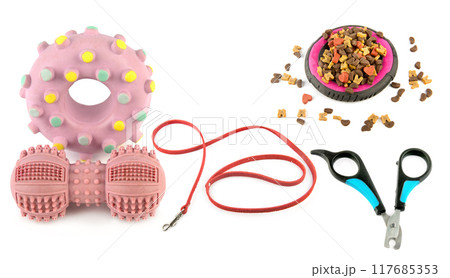 Set of toys, grooming items and other accessories for animal care isolated on a white background. Collage. 117685353