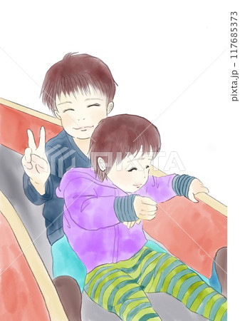 滑り台を一緒に滑る兄弟のイラスト 滑り台を一緒に滑る兄弟のイラスト 117685373