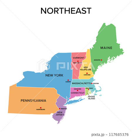 Northeast, U.S. census region, multi colored political map. Census region 1 of the United States, consisting of 9 single states. Colored silhouettes of single states with borders and their capitals. Northeast, U.S. census region, multi colored political map. Census region 1 of the United States, consisting of 9 single states. Colored silhouettes of single states with borders and their capitals. 117685376