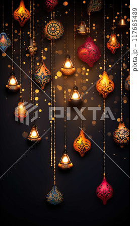 Diwali Backdrop Henna Mehndi Macrame Floral Diya Lamp Diwali   Generate AI 117685489