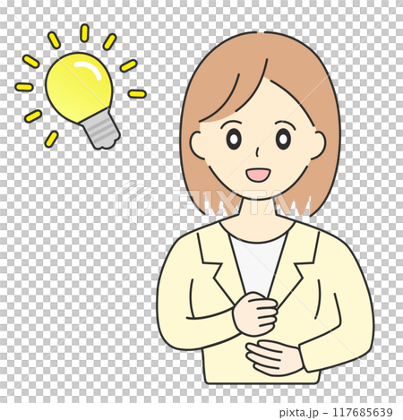 Line drawing illustration of a female business woman who has an idea 117685639