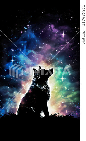 Double exposure of night sky stars , dog silhouette  Generate AI 117685851