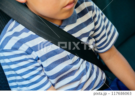 シートベルトをする小学生の男の子 117686063