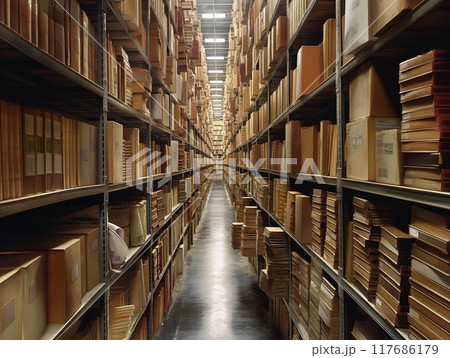 A long corridor of metal shelves filled with neatly organized books and documents in a library archive. 117686179