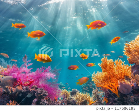 Bright orange fish swim among vivid pink and orange corals under sunlit ocean waters. 117686195