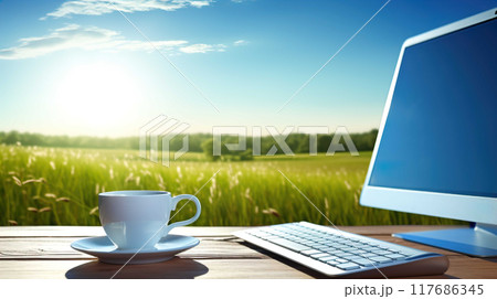 Computer on a desk with a white mug ,Computer with a image on screen of summer grass and clear blue skies, on a glass topped  , Generate AI Computer on a desk with a white mug ,Computer with a image on screen of summer grass and clear blue skies, on a glass topped  , Generate AI 117686345