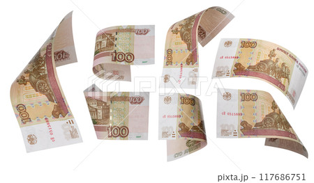 100 Rubles flying on white background. Russian banknotes at different angles. 100 Rubles flying on white background. Russian banknotes at different angles. 117686751