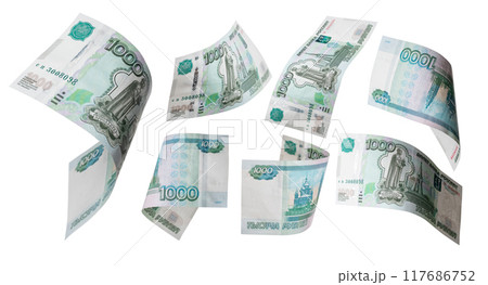 1000 Rubles flying on white background. Russian banknotes at different angles. 117686752