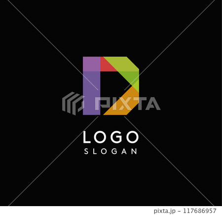 Colorful geometric letter D with overlapping shapes, modern vibrant logo design for tech company, creative agency, architecture design studio, startup looking bold brand identity. Vector illustration 117686957