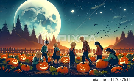 ハロウィン 夕暮れ時にかぼちゃ畑を探検する子供たち ハロウィン 夕暮れ時にかぼちゃ畑を探検する子供たち 117687636