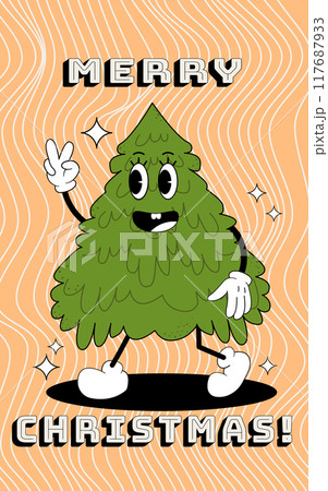 Christmas tree groovy card. Vector illustration in trendy retro style. Abstract background. Happy holidays 2024 117687933