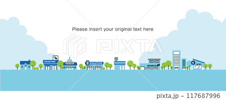 ドラッグストア、駅、高層マンションなど、シンプルでかわいい街並みのイラスト素材 117687996