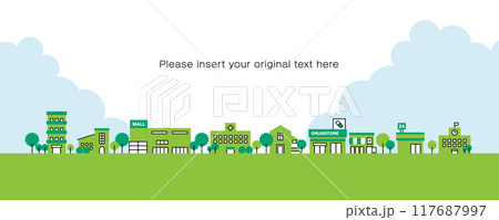 ショッピングセンター、コンビニ、病院など、シンプルでかわいい繁華街のイラスト素材 117687997