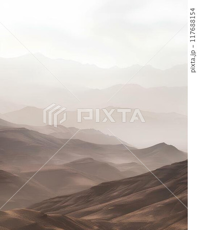 vintage moody minimalist landscape of the arabian mountains, muted colors, soft tones, foggy 117688154