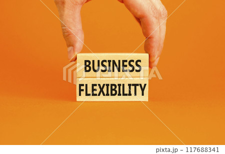 Business flexibility symbol. Concept words Business flexibility on beautiful wooden block. Beautiful orange paper background. Businessman hand. Business flexibility concept. Copy space. 117688341