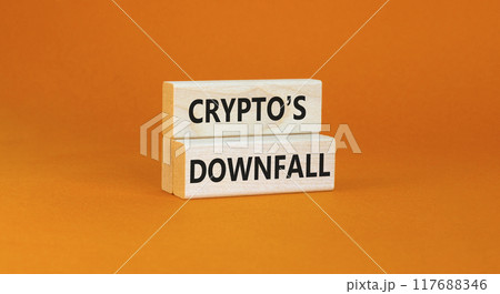 Crypto downfall symbol. Concept words Cryptos downfall on wooden blocks. Beautiful orange table orange background. Business and crypto downfall concept. Copy space. Crypto downfall symbol. Concept words Cryptos downfall on wooden blocks. Beautiful orange table orange background. Business and crypto downfall concept. Copy space. 117688346
