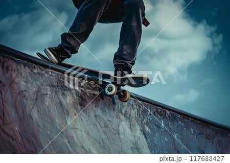 Skateboarder doing a kickflip in a skatepark in a low angle shot with high contrast blue and grey tones with minimalism and negative space and an empty area for text on the frame 117688427
