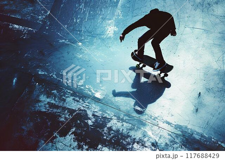 Skateboarder doing a kickflip in a skatepark in a low angle shot with high contrast blue and grey tones with minimalism and negative space and an empty area for text on the frame Skateboarder doing a kickflip in a skatepark in a low angle shot with high contrast blue and grey tones with minimalism and negative space and an empty area for text on the frame 117688429