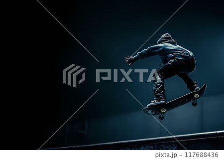 Skateboarder doing a kickflip in a skatepark in a low angle shot with high contrast blue and grey tones with minimalism and negative space and an empty area for text on the frame Skateboarder doing a kickflip in a skatepark in a low angle shot with high contrast blue and grey tones with minimalism and negative space and an empty area for text on the frame 117688436