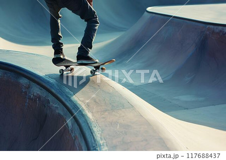Skateboarder doing a kickflip in a skatepark in a low angle shot with high contrast blue and grey tones with minimalism and negative space and an empty area for text on the frame Skateboarder doing a kickflip in a skatepark in a low angle shot with high contrast blue and grey tones with minimalism and negative space and an empty area for text on the frame 117688437