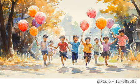 Blissful Moments of Laughter and Joy - Vibrant Watercolor Illustration Sparking Happiness and Positivity in the Atmosphere Blissful Moments of Laughter and Joy - Vibrant Watercolor Illustration Sparking Happiness and Positivity in the Atmosphere 117688605
