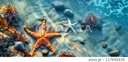 Underwater photography, top view of starfish on the ocean floor surrounded in the style of rocks and coral. 117688836