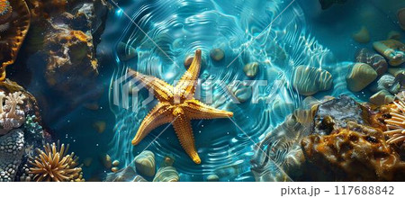 Underwater photography, top view of starfish on the ocean floor surrounded in the style of rocks and coral. Underwater photography, top view of starfish on the ocean floor surrounded in the style of rocks and coral. 117688842