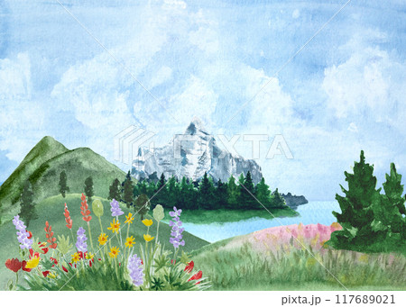 Snowy mountain scenery with pine forest and a lake in a distance and a meadow flowers close up. Watercolor hand painted high quality art great for cards, banners, posters, watercolor paper, sketchbook 117689021