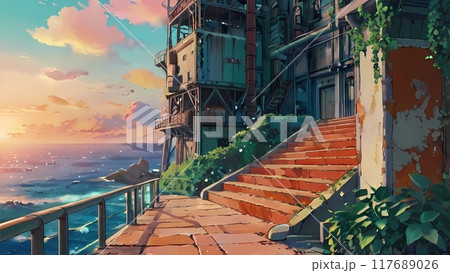 アニメ背景風　夕暮れ海辺の町の階段がある風景とかつてのお城	 117689026