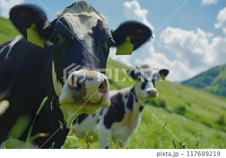 Cows on the pasture, black and white cows with yellow tags in their ears, blue sky with clouds, green grassy field Cows on the pasture, black and white cows with yellow tags in their ears, blue sky with clouds, green grassy field 117689219