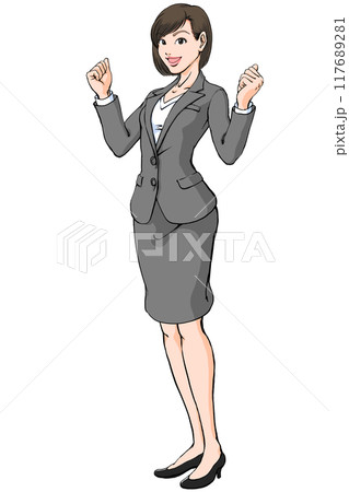 笑顔でガッツポーズするスーツ姿の若い女性_斜め横 117689281