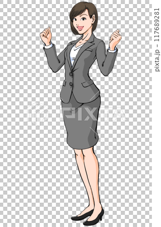 笑顔でガッツポーズするスーツ姿の若い女性_斜め横 117689281